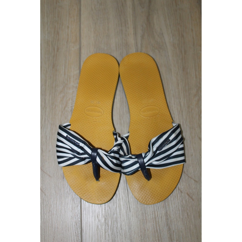 Havaianas Womens Yellow Navy Blue Striped Bow Flip Flop Sandals Made in Brazil 8